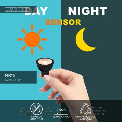 Lucide MR16 - Ampoule led - Ø 5 cm - LED - GU10 - 1x5W 2700K - Détecteur Jour/Nuit - Noir